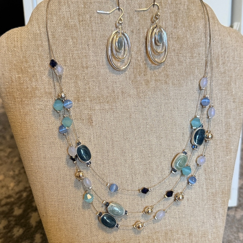 Multi-Strand Blue & Aqua Beaded Necklace with Gold Earrings